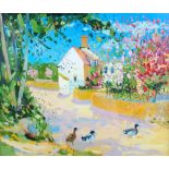 James Harrigan (fl.1960) Summer landscape with white gable end and ducks oil on board, signed