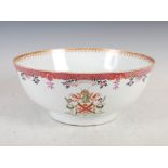 A large and impressive Chinese porcelain famille rose Export Armorial punch bowl, Qing Dynasty,