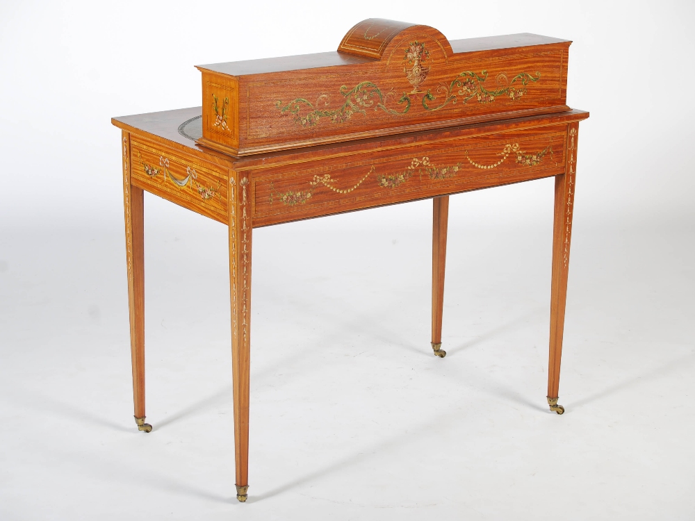 An Edwardian painted satinwood writing table, the rectangular top with a green tooled leather - Image 7 of 8