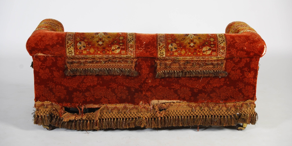 A Victorian mahogany carpet upholstered two seat sofa, raised on tapered cylindrical supports with - Image 9 of 12