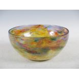 A Monart bowl, shaped UD, mottled purple, blue and green glass, 23.5cm diameter.