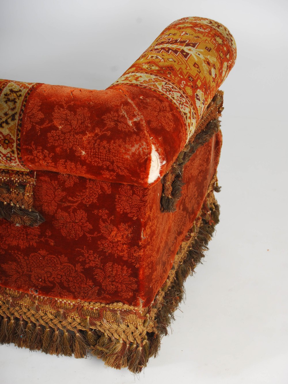 A Victorian mahogany carpet upholstered two seat sofa, raised on tapered cylindrical supports with - Image 12 of 12