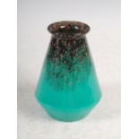 A small Monart vase, shape S, mottled black and green glass with gold coloured inclusions, 14cm