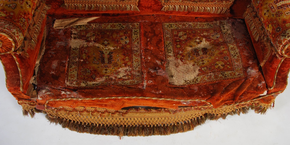 A Victorian mahogany carpet upholstered two seat sofa, raised on tapered cylindrical supports with - Image 4 of 12