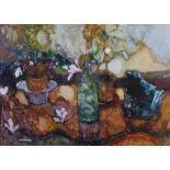 Anne Anderson Green Bottle, Green Frog acrylic on board, signed lower left 53cm x 74cm