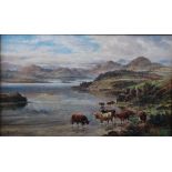 William Langley (1852-1922) Cattle watering oil on canvas, signed lower left 29cm x 49.5cm
