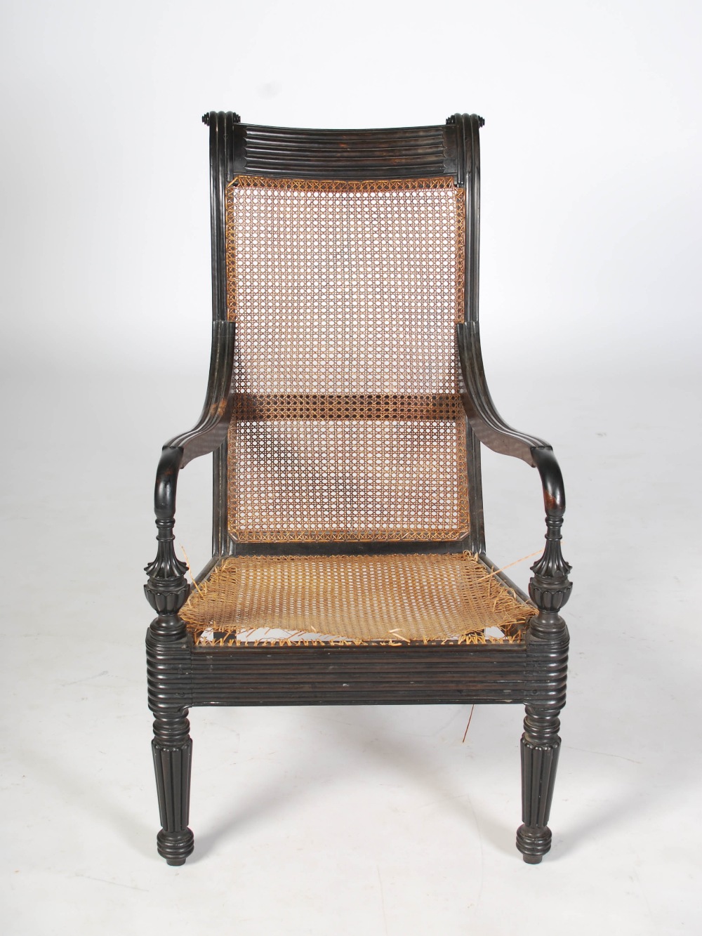 A 19th century Anglo Indian calamander planters armchair, the top rail with horizontal reeded detail - Image 2 of 6