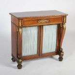 A Regency rosewood, satinwood banded and gilt metal mounted secretaire chiffonier, the rectangular