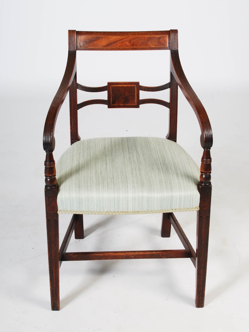 A set of eight 19th century mahogany and boxwood lined dining chairs, comprising; two carvers and - Image 2 of 7