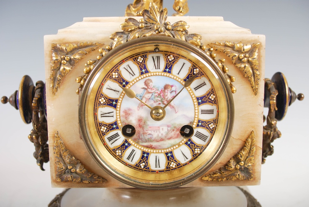 A late 19th century French onyx ormolu and porcelain mounted mantel clock, the blue ground porcelain - Image 3 of 7