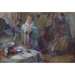 20th century Russian school Interior scene with figures oil on board 27cm x 40.5cm