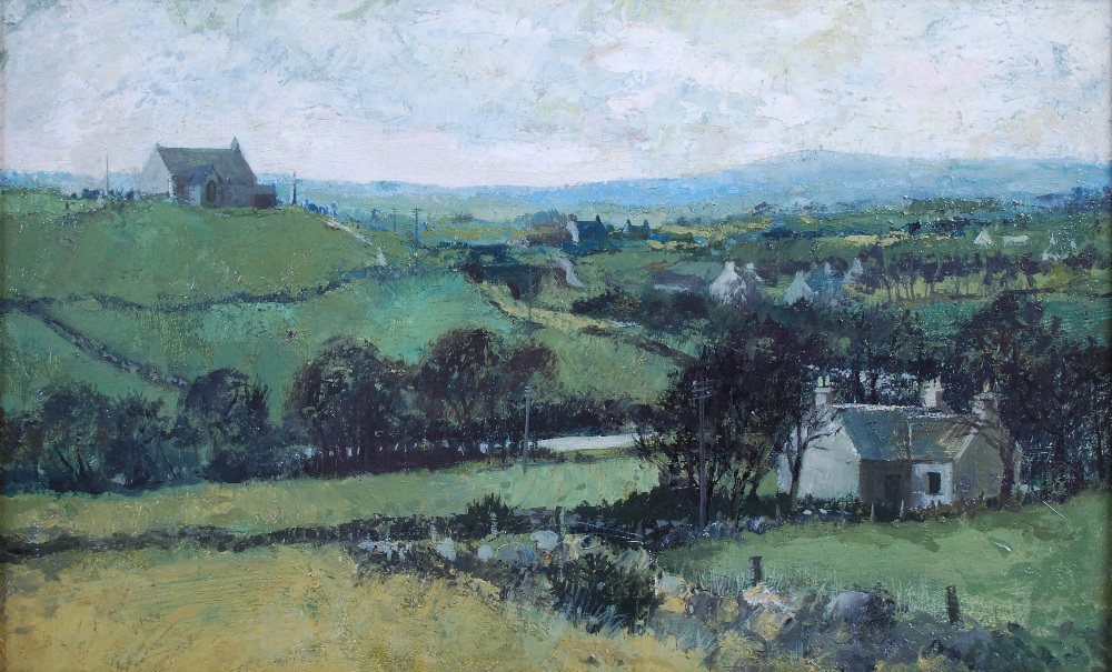 Early 20th century British School Summer landscape with church and houses oil on canvas 24cm x 39cm