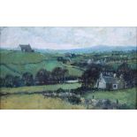 Early 20th century British School Summer landscape with church and houses oil on canvas 24cm x 39cm