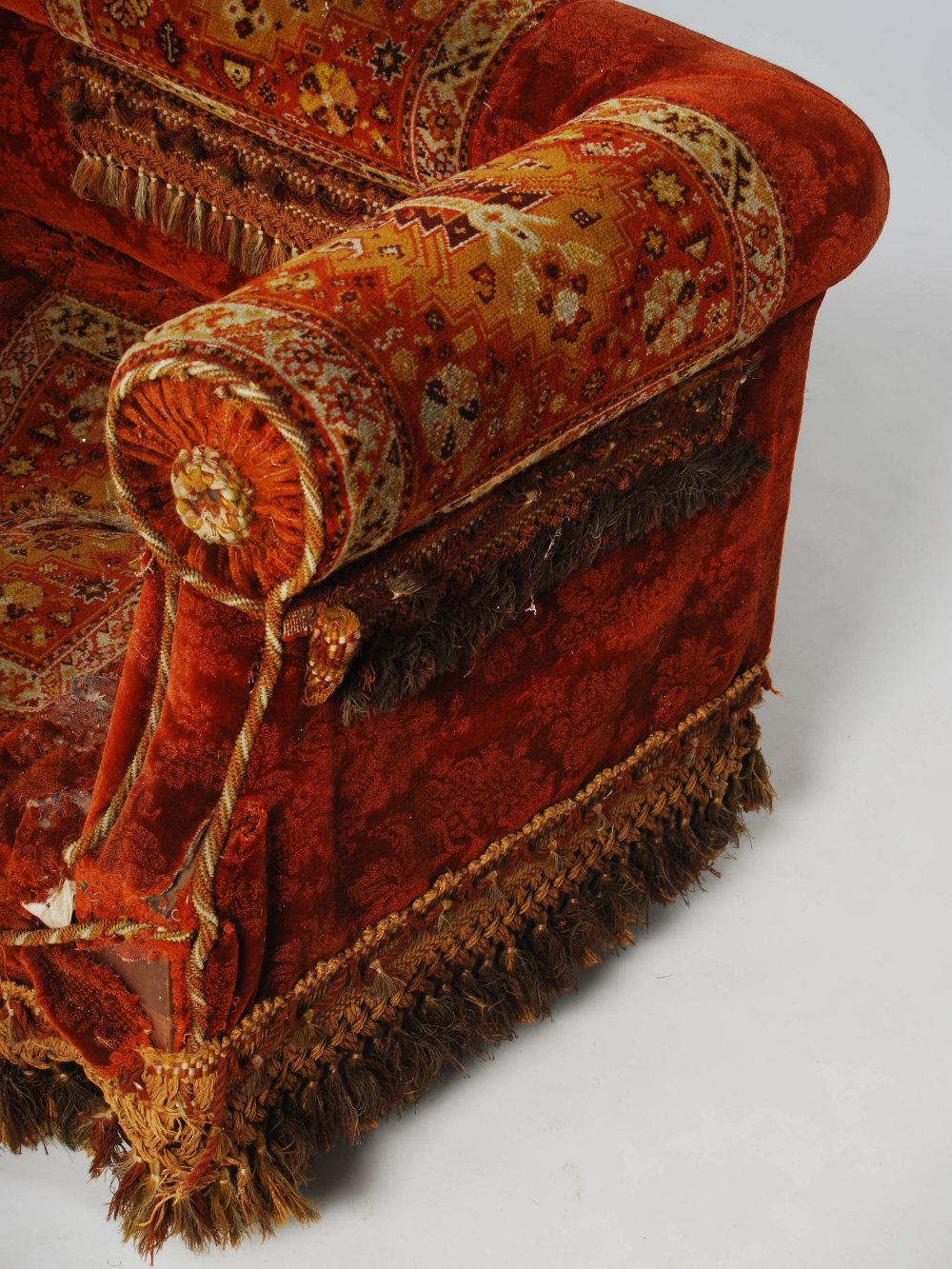 A Victorian mahogany carpet upholstered two seat sofa, raised on tapered cylindrical supports with - Image 8 of 12