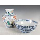 A Chinese porcelain Wucai vase and Chinese porcelain blue and white bowl, the vase 31.5cm high,