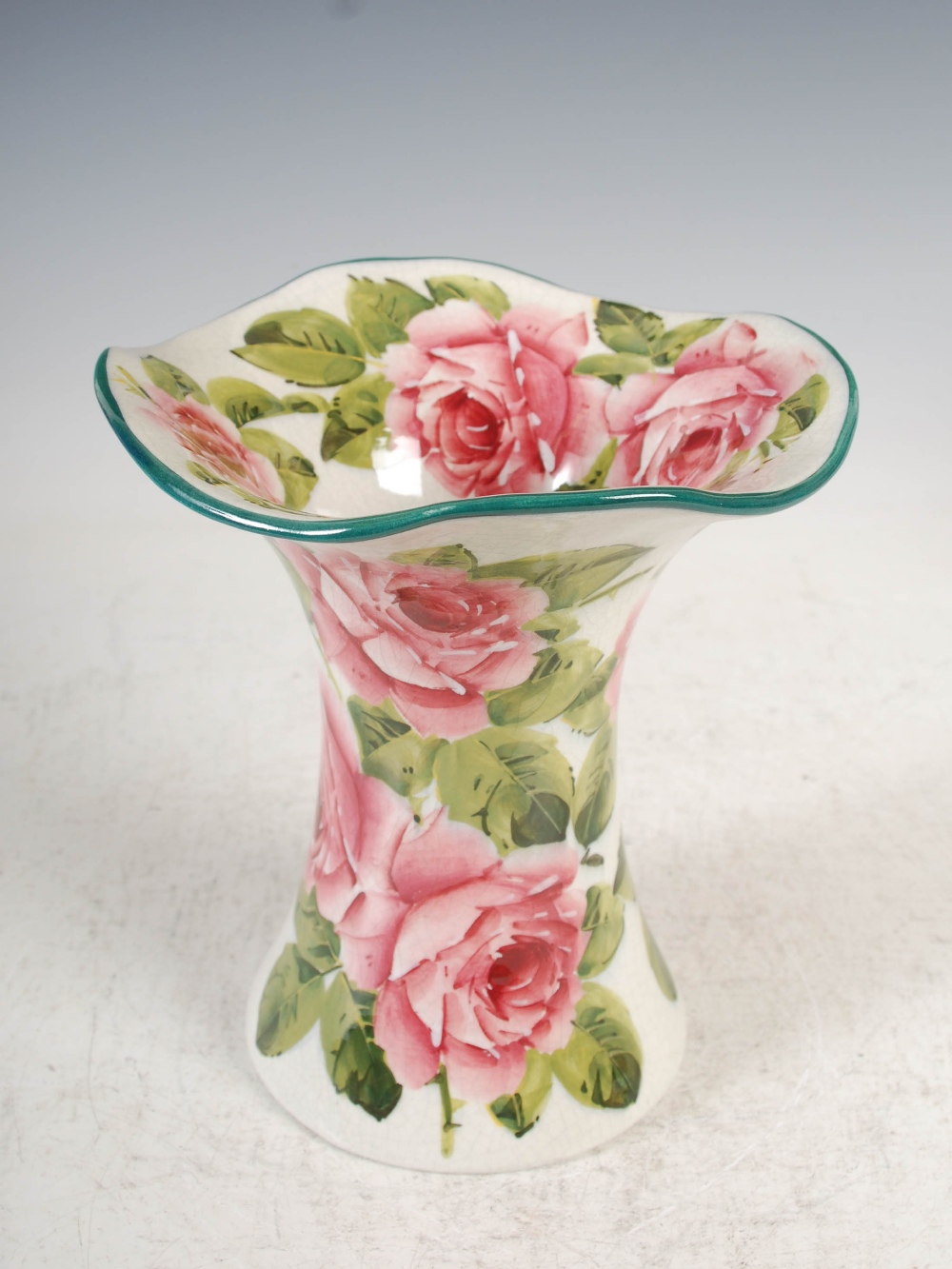 A pair of Wemyss pottery Lady Eva vases, decorated with roses and foliage with green line rims, - Image 2 of 10