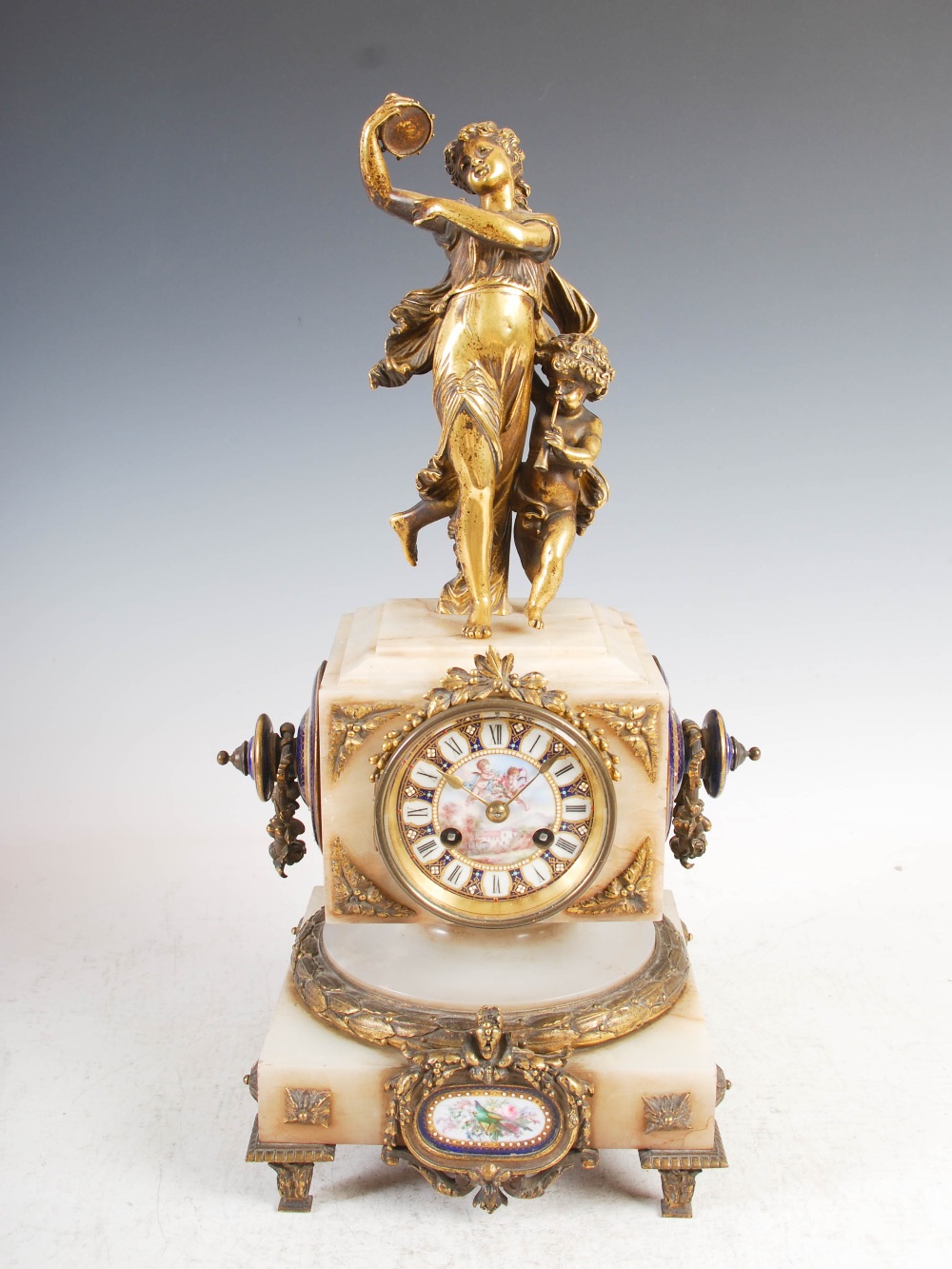 A late 19th century French onyx ormolu and porcelain mounted mantel clock, the blue ground porcelain - Image 2 of 7