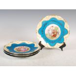 Two pairs of Continental porcelain cabinet plates, both decorated with scenes after Kaufmann, one