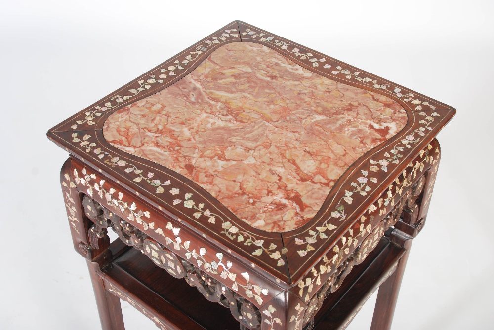 A Chinese dark wood and mother of pearl inlaid jardiniere stand, Qing Dynasty, the square shaped top - Image 2 of 5