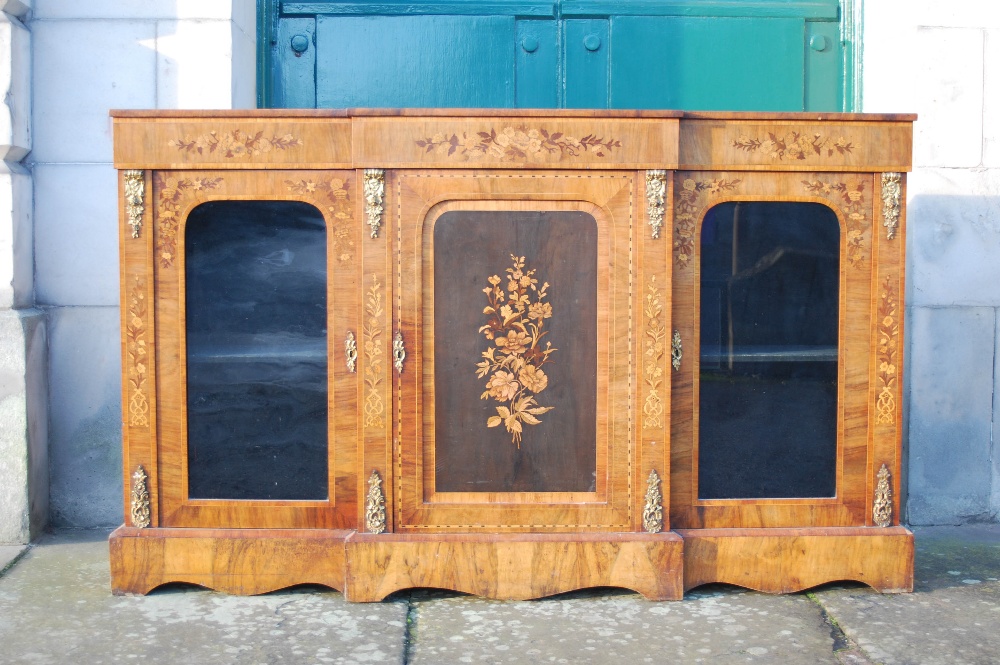 A Victorian walnut, marquetry and gilt metal mounted breakfront credenza, the central panelled