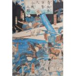 Five Japanese woodblock prints, Meiji Period, to include; Battle between the forces of the