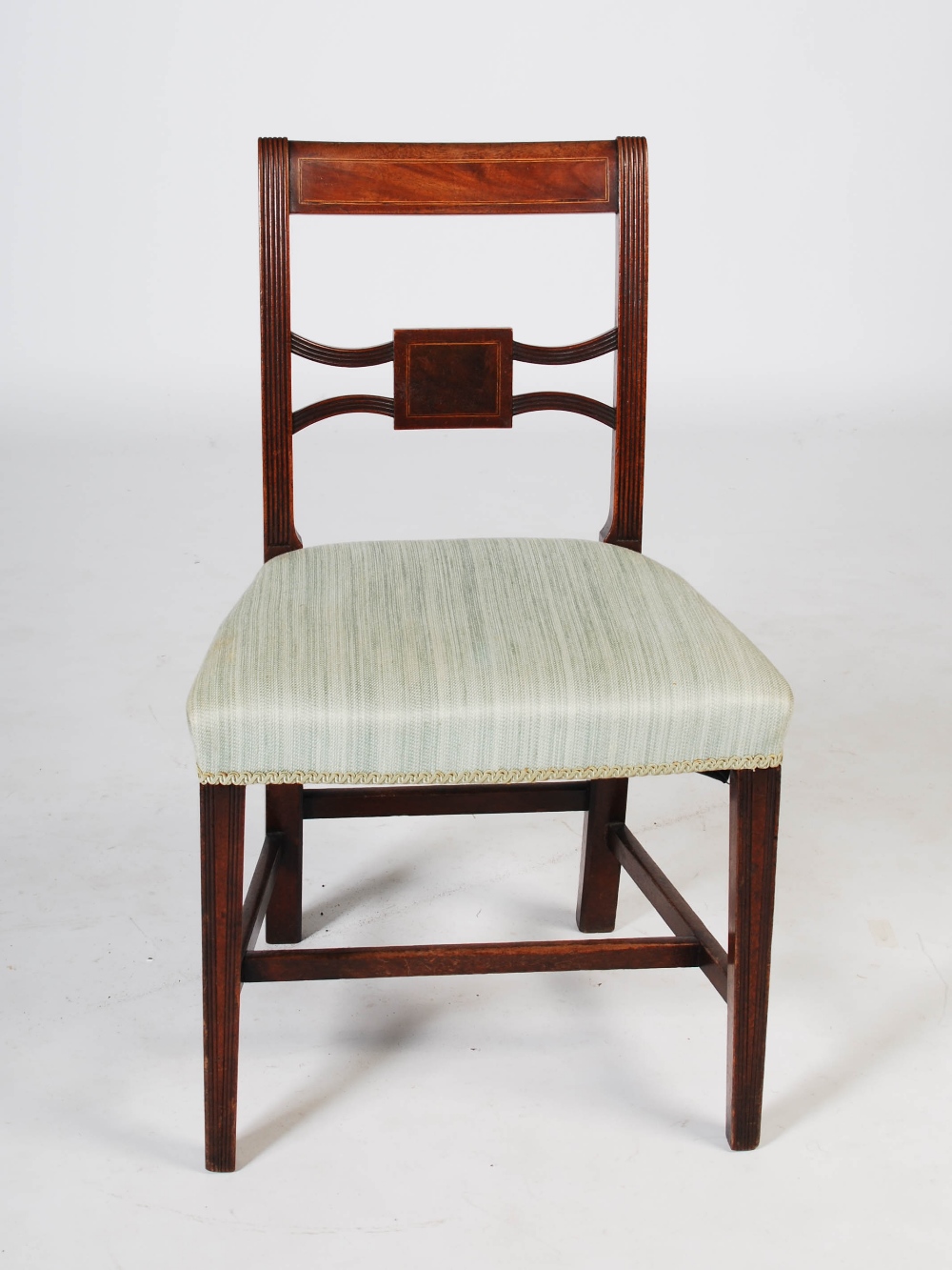 A set of eight 19th century mahogany and boxwood lined dining chairs, comprising; two carvers and - Image 5 of 7