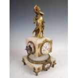 A late 19th century French onyx ormolu and porcelain mounted mantel clock, the blue ground porcelain