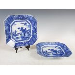 A pair of Japanese porcelain blue and white octagonal shaped dishes, early 20th century, printed