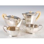 A mid 20th century four piece silver tea set, Sheffield, 1956, makers mark of E.V, comprising; tea