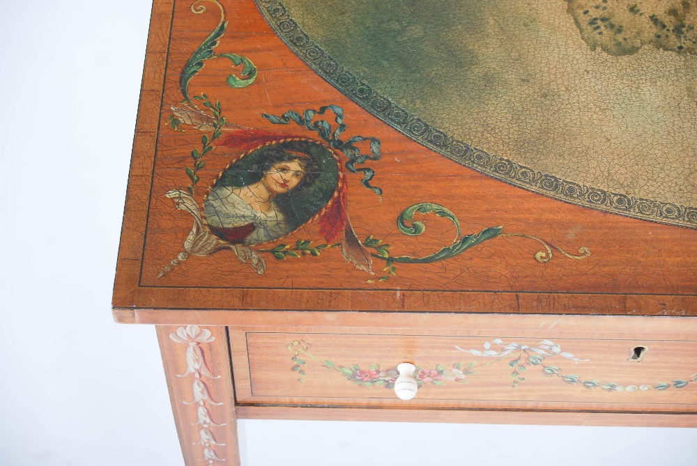 An Edwardian painted satinwood writing table, the rectangular top with a green tooled leather - Image 3 of 8