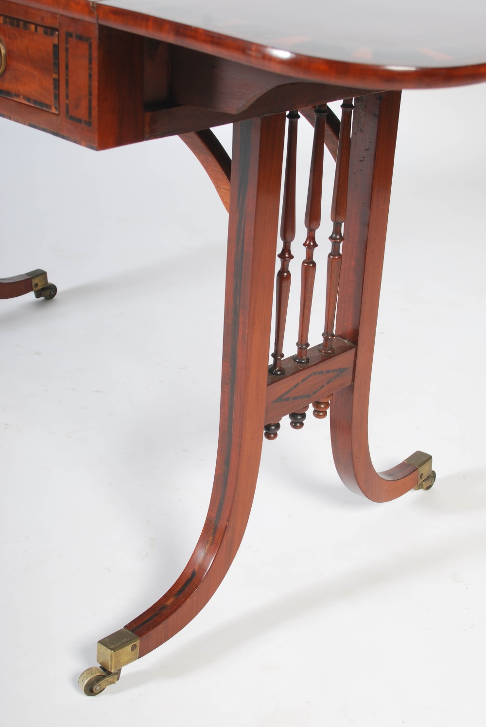 A 19th century mahogany and calamander banded sofa table, the rectangular top with twin drop leaves, - Image 8 of 9