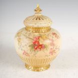 A Royal Worcester ivory ground pot pourri jar and two covers, dated 1903, decorated with scattered