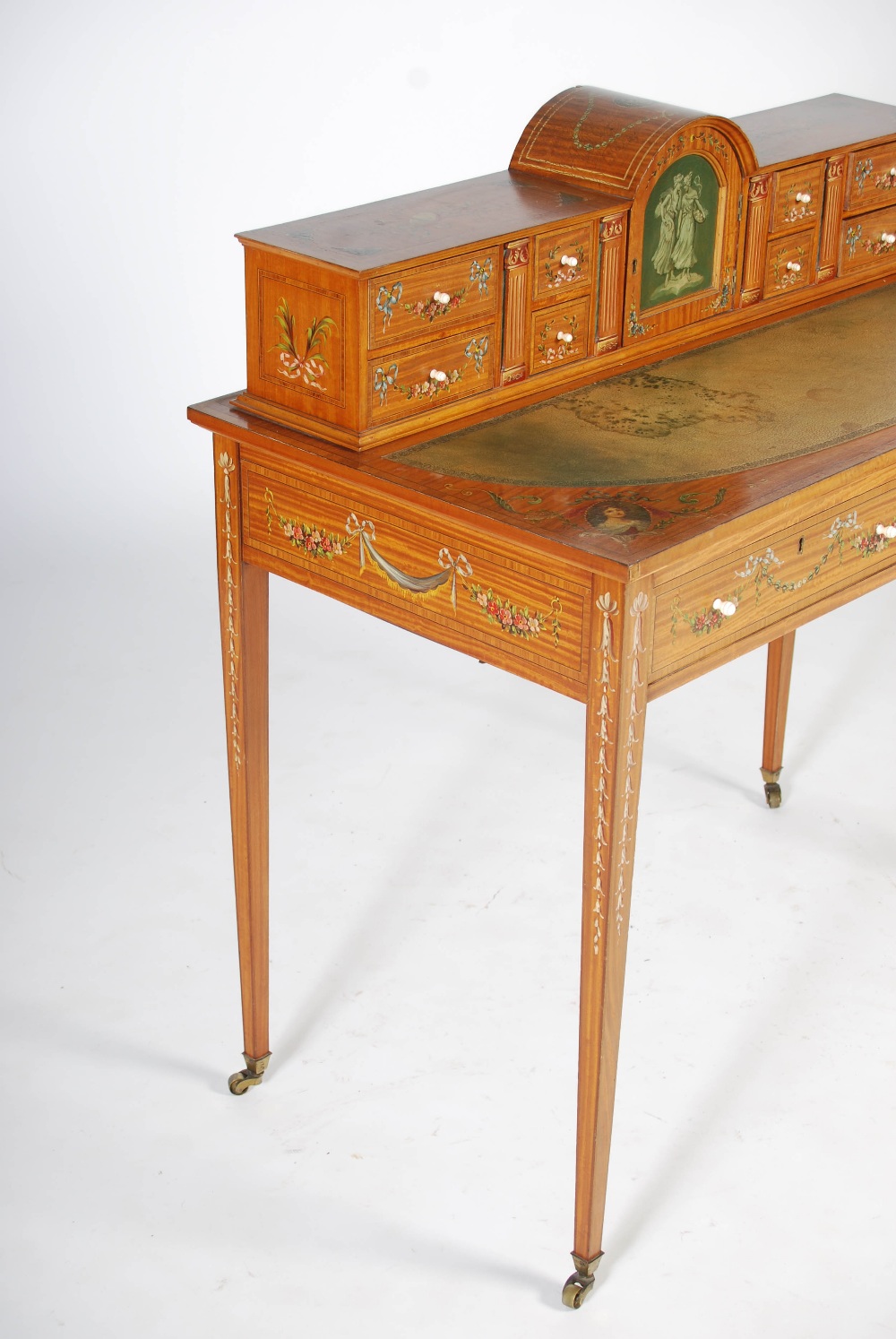 An Edwardian painted satinwood writing table, the rectangular top with a green tooled leather - Image 2 of 8