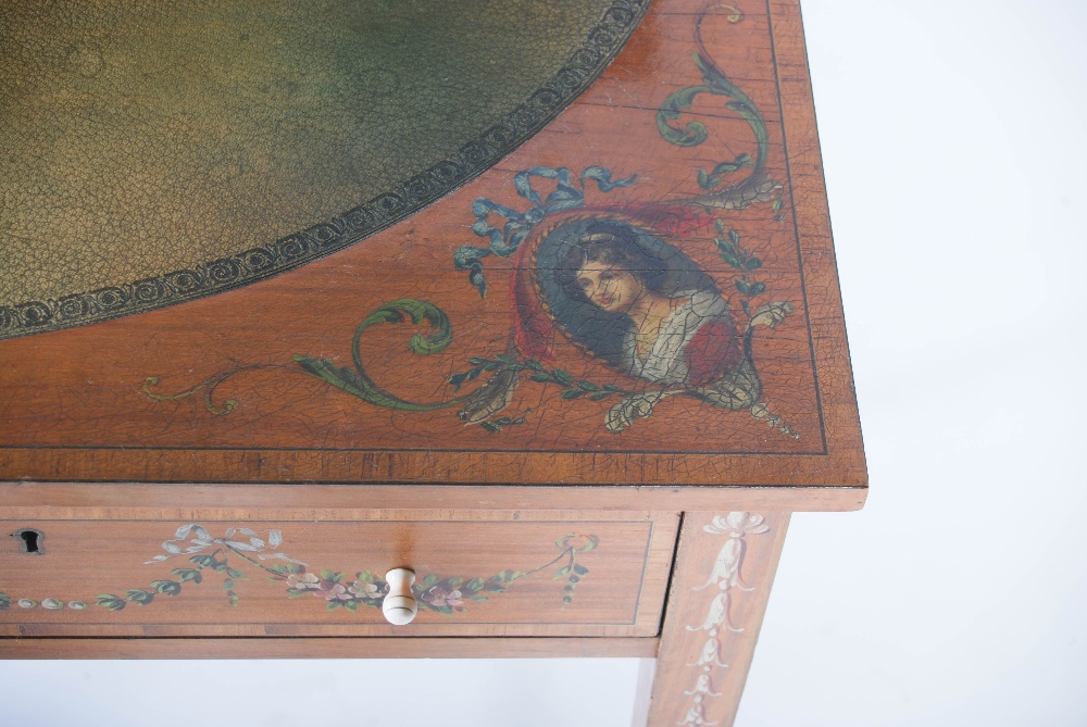 An Edwardian painted satinwood writing table, the rectangular top with a green tooled leather - Image 4 of 8