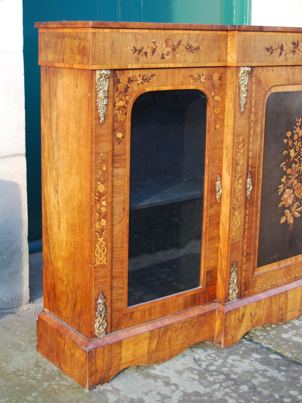 A Victorian walnut, marquetry and gilt metal mounted breakfront credenza, the central panelled - Image 3 of 11