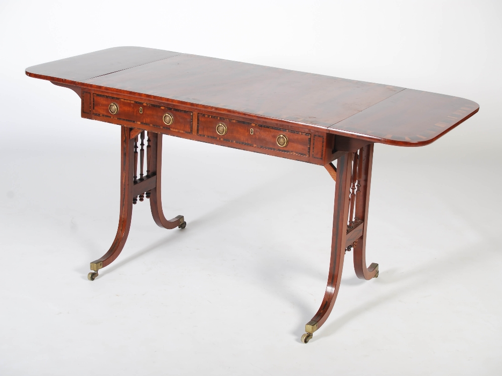 A 19th century mahogany and calamander banded sofa table, the rectangular top with twin drop leaves, - Image 2 of 9