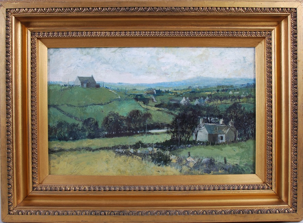 Early 20th century British School Summer landscape with church and houses oil on canvas 24cm x 39cm - Image 2 of 3