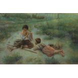 P. Chandler (20th century) Boy playing flute and attendant boy oil on canvas, signed lower right