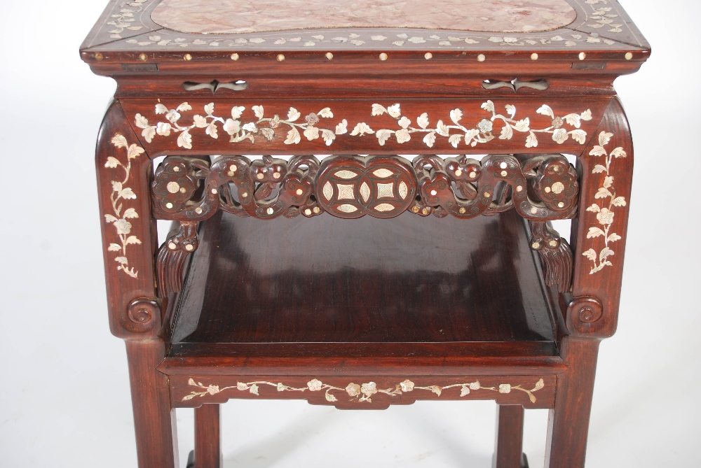 A Chinese dark wood and mother of pearl inlaid jardiniere stand, Qing Dynasty, the square shaped top - Image 3 of 5