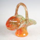 A Monart basket, shape MH, mottled orange, yellow and green glass with gold coloured inclusions,