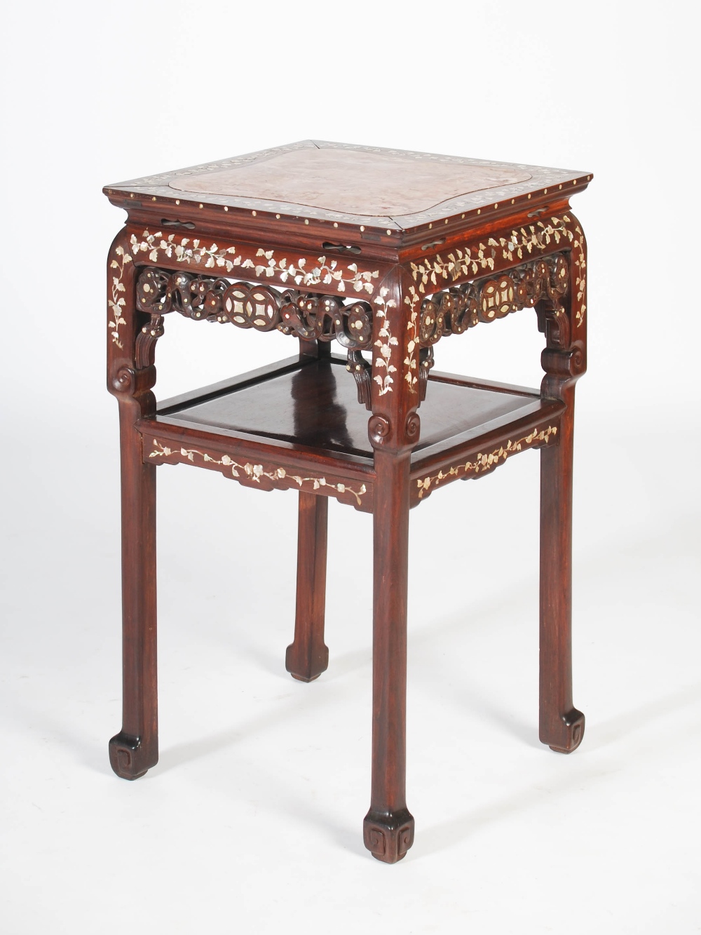 A Chinese dark wood and mother of pearl inlaid jardiniere stand, Qing Dynasty, the square shaped top