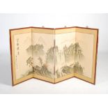A Chinese four fold screen, early 20th century, decorated with a mountain landscape, 184cm wide x
