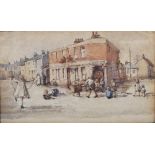 Early 20th century British School Street scene with children playing watercolour 25cm x 42cm