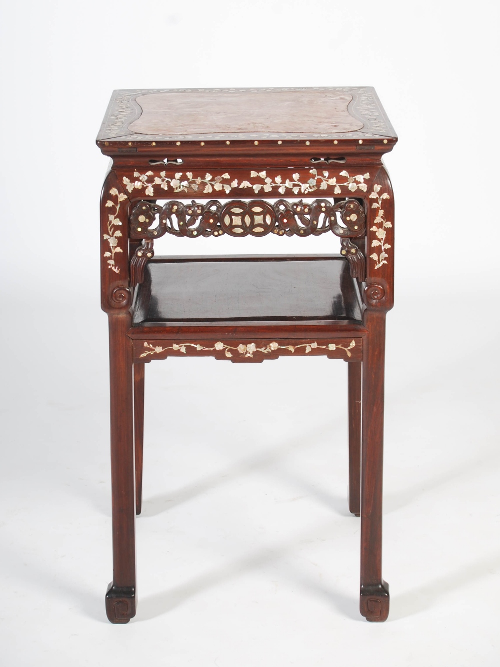 A Chinese dark wood and mother of pearl inlaid jardiniere stand, Qing Dynasty, the square shaped top - Image 4 of 5