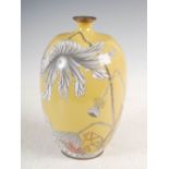 A Japanese yellow ground silver wirework cloisonne vase, late 19th/early 20th century, decorated