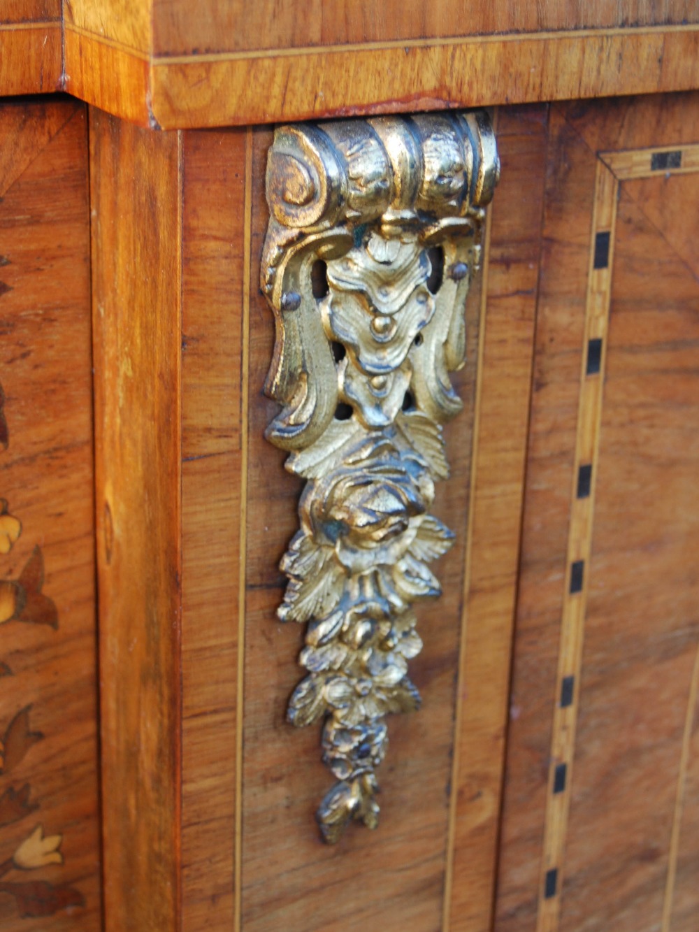 A Victorian walnut, marquetry and gilt metal mounted breakfront credenza, the central panelled - Image 8 of 11