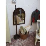 Dome top wall mirror, oak standard lamp with shades & wicker log basket