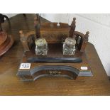 Mahogany desk tidy with inkwell stand & drawers