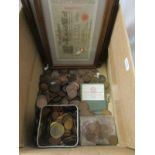 Box of coins & framed bank notes