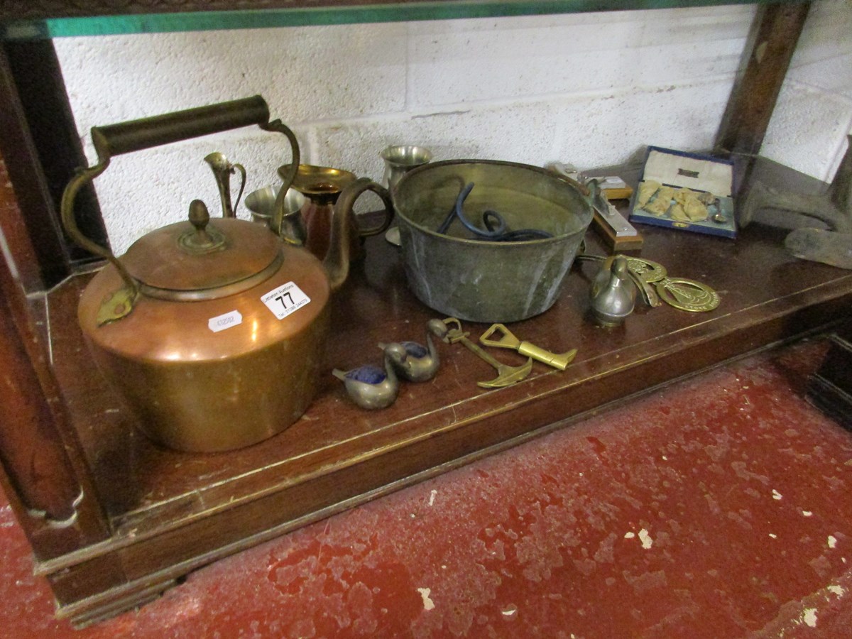 Shelf of metalware to include copper kettle